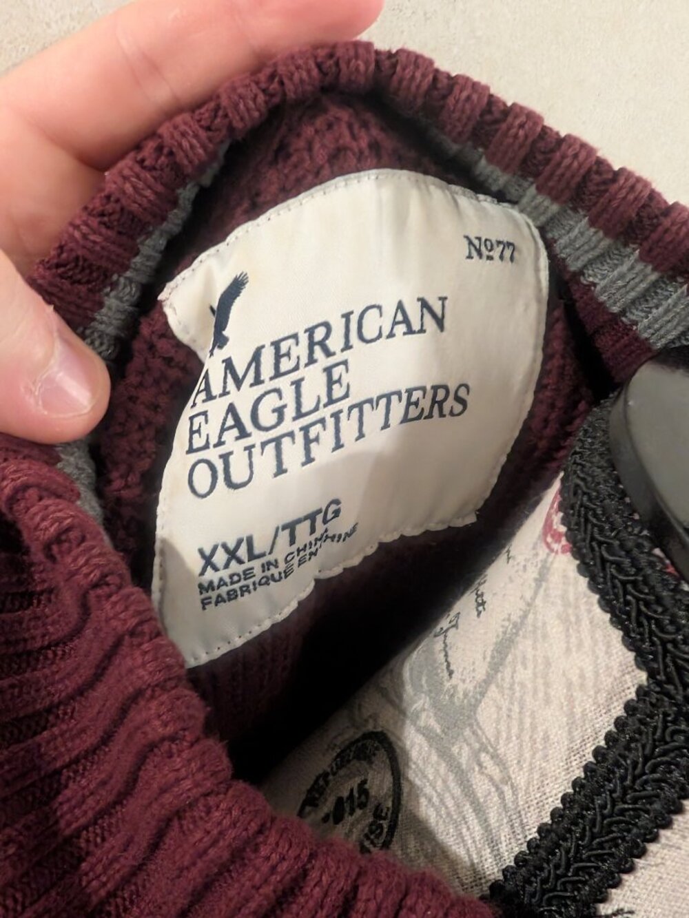 American Eagle Men's Henley Sweater XXL 100% Cotton Burgundy Maroon Ribbed - Picture 6 of 8